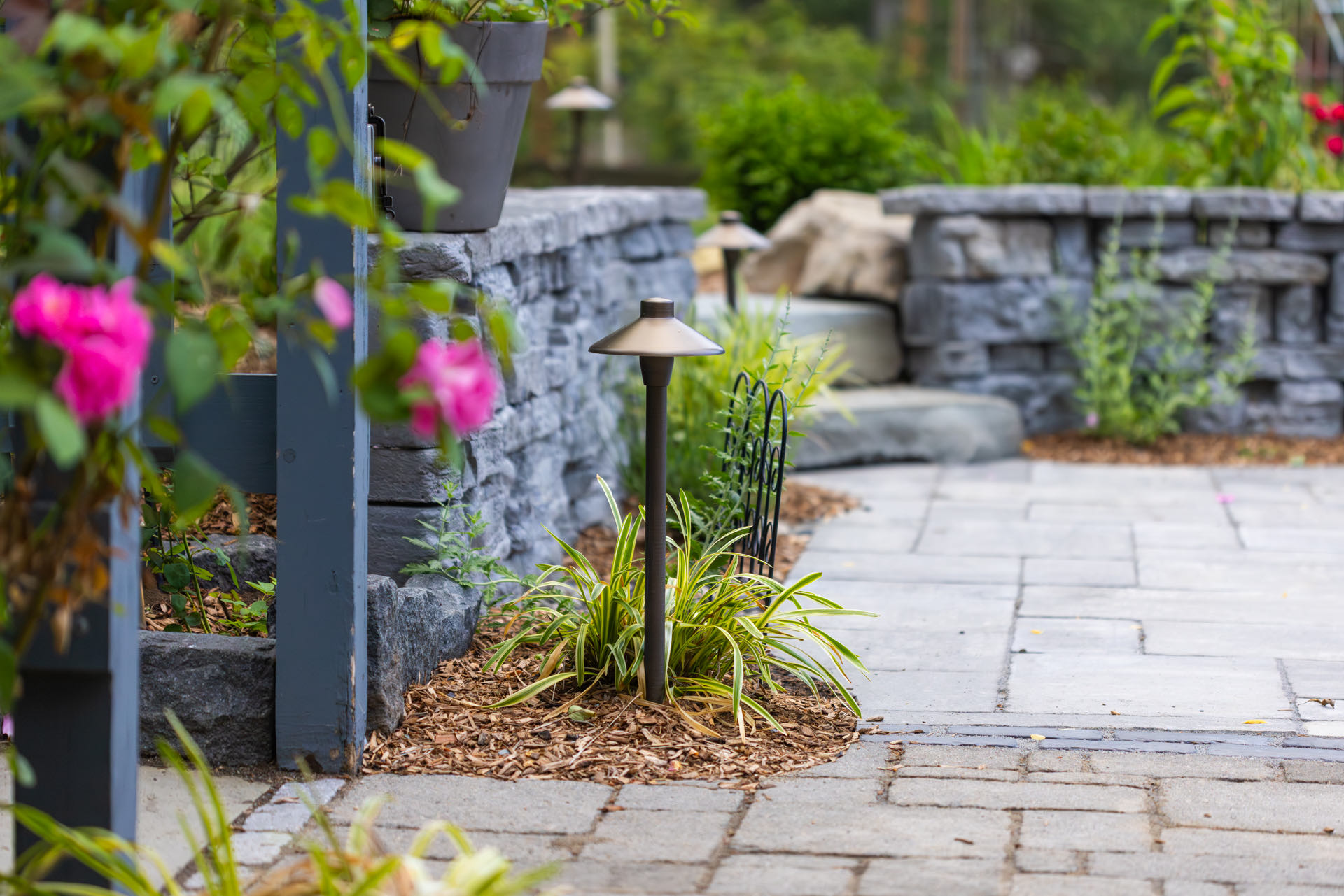 Full Circle — roses, landscape lighting, and stone seat walls along the bluestone patio