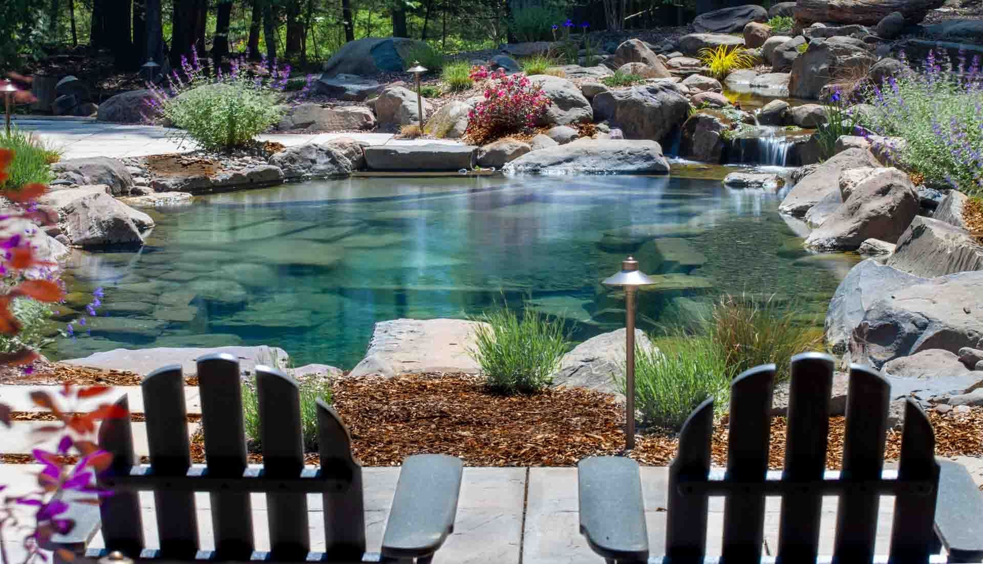 Natural swim pond aerial view